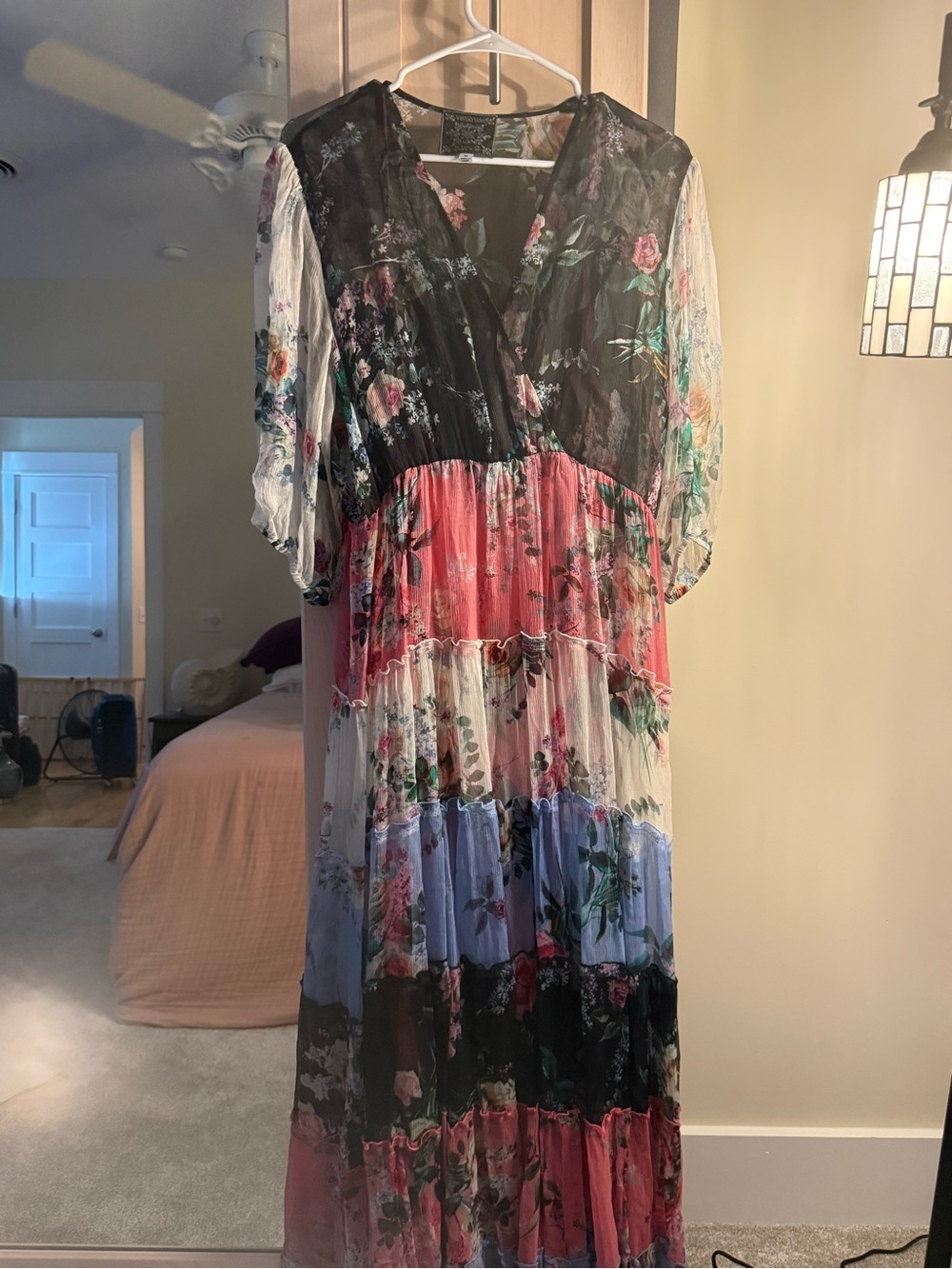 Johnny Was Multi-Panel Floral Tiered Maxi Dress in Black, Pink, Blue, Cream